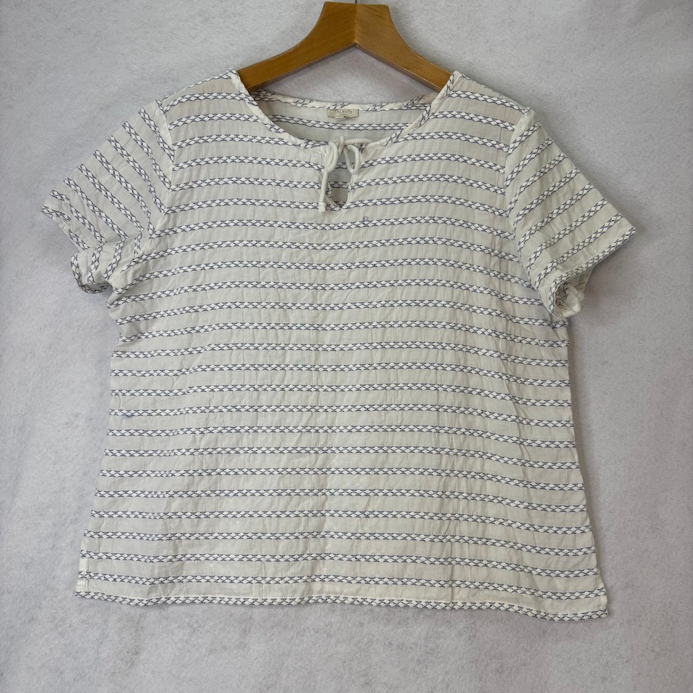 Talbots Women's XL White Blue Striped Short‎ Sleeve Tie Neck Top Casual Coastal